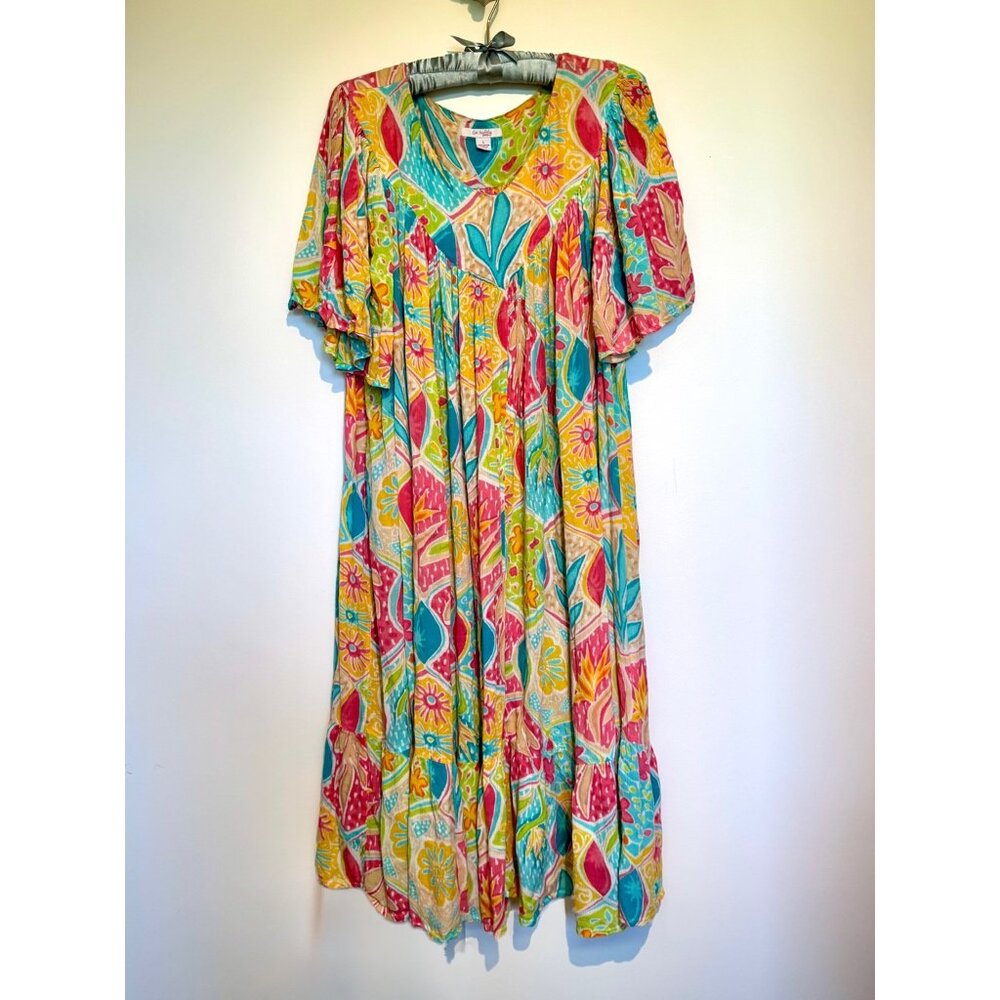 Go Softly Patio Dress/Tropical Print FUN MuuMuu! sz. L